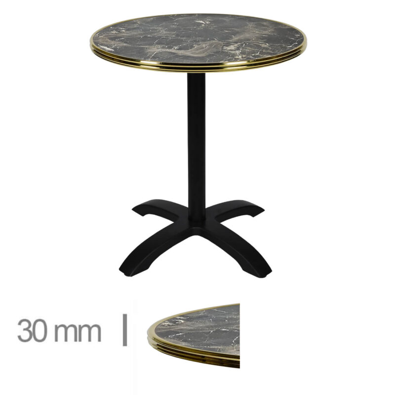 Horeca-Terrastafel-Opklapbaar-Rond-Met-Messing-Rand-Werzalit-Brownie-Marble-70-Cm