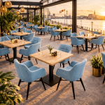 Horeca-Armstoel-ROCCA-turkuaz-Stof