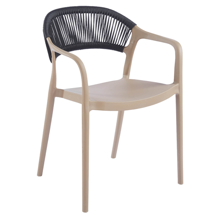 Terrasstoel-SIRENE-Armleuning-Stapelbaar-Naturel-Zwart-Kunststof-Touw
