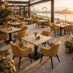 Horeca-Armstoel-ROCCA-gold-Stof