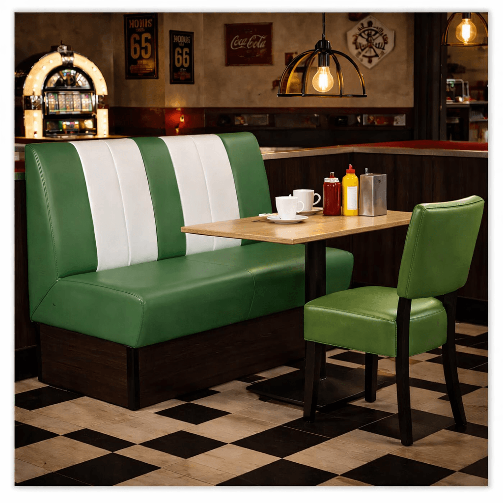 Horeca-Eetbank-SAFRAN-AMERICAN-Groen-Wit-Kunstleer (1)