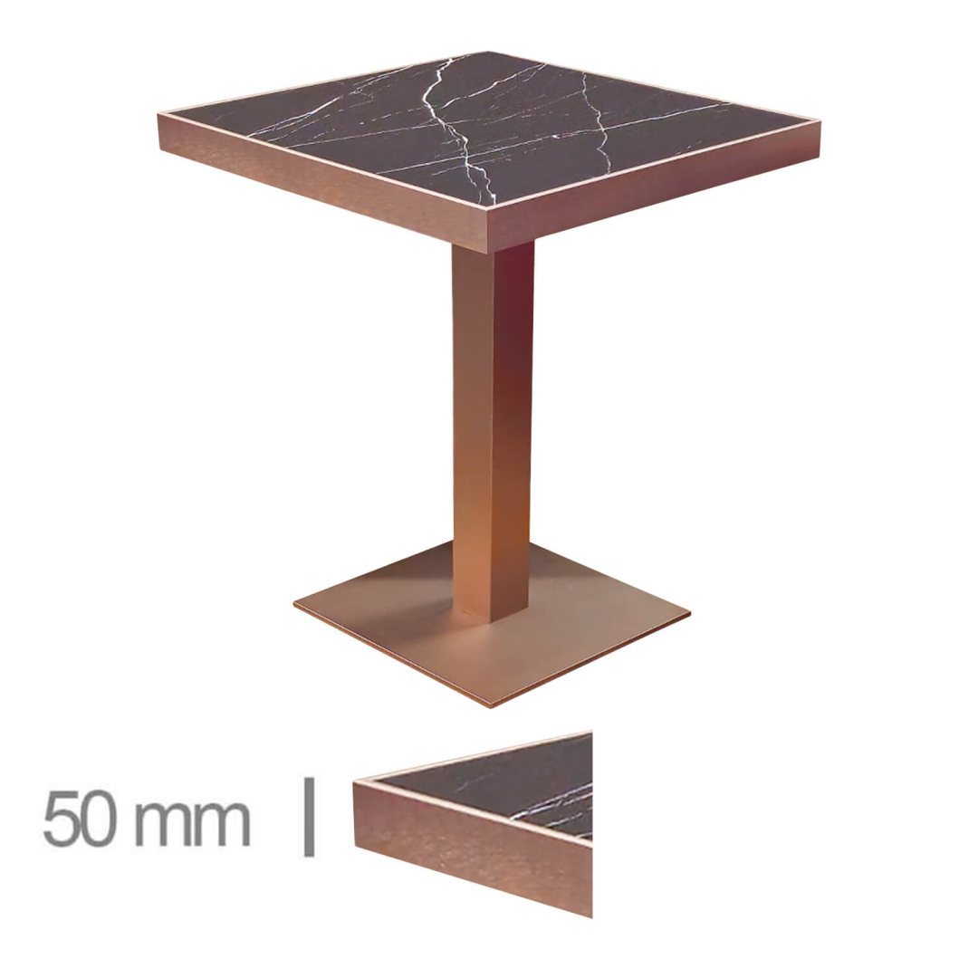 Horeca-Tafel-Faux-Marmer-Zwart-Edge-Koper-60x60-CmMet-Onderstel