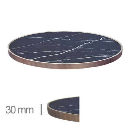 Horeca-Tafelblad-Rond-FAUX-MARMER-ZWART-EDGE-KOPER-3-cm-Dik
