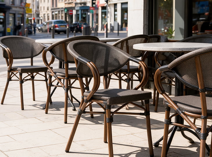 Chaises de terrasse horeca en aluminium sur une terrasse de café à Liège