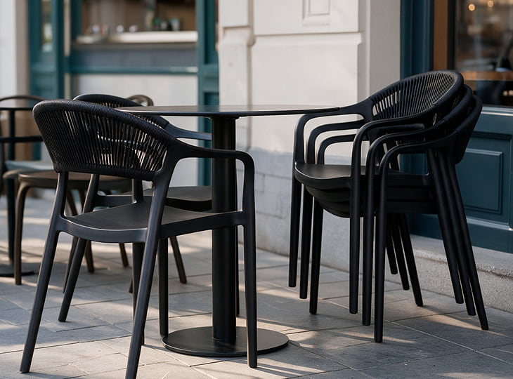 Chaises de terrasse empilables en plastique tressé sur une terrasse de brasserie