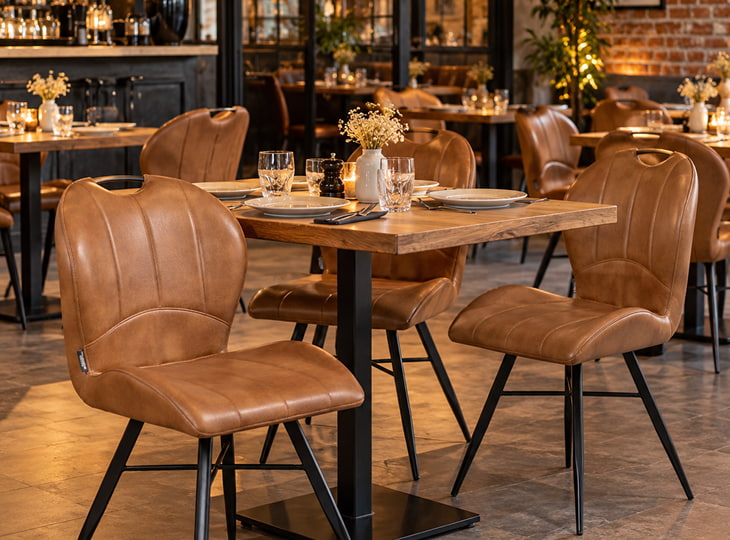 Chaises horeca en similicuir et métal alignées dans une brasserie