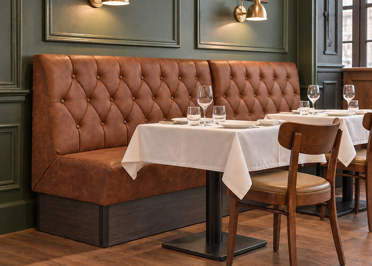 Banquette capitonnée en microfibre cognac dans la salle d’un restaurant bruxellois