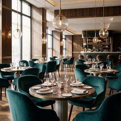 Mobilier horeca dans une brasserie : chaises et tables professionnelles