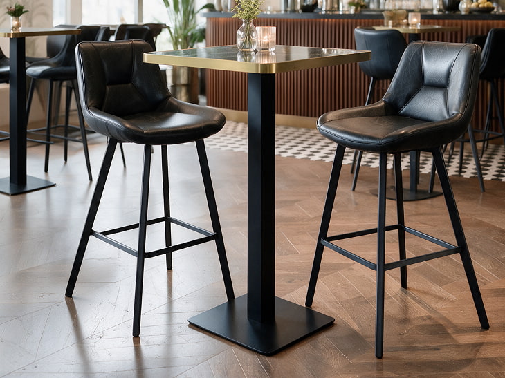 Mobilier horeca professionnel : tables hautes et mange-debout dans un bar