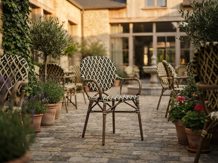 Mobilier de terrasse design en rotin synthétique sur une terrasse lounge