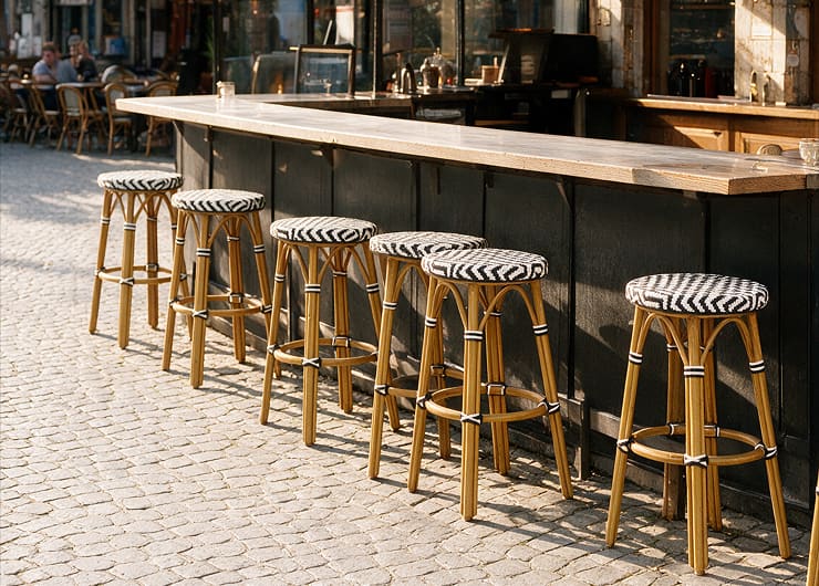 Tabourets de bar extérieur en aluminium et rotin au comptoir d’une terrasse de café à Liège